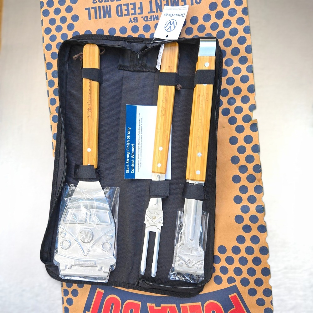 NWT BRISA Volkswagen BBQ Grill Tool Set Bamboo Chrome Bus Spatula Tongs Fork New